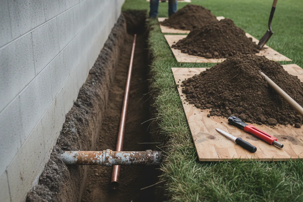 Excavated water line trench during Sewer Line Repair in Pendleton